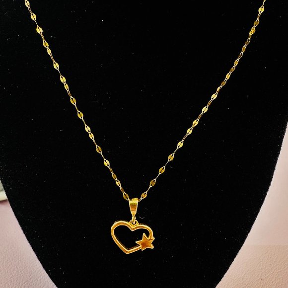 18K Solid Gold Heart & Star Necklace